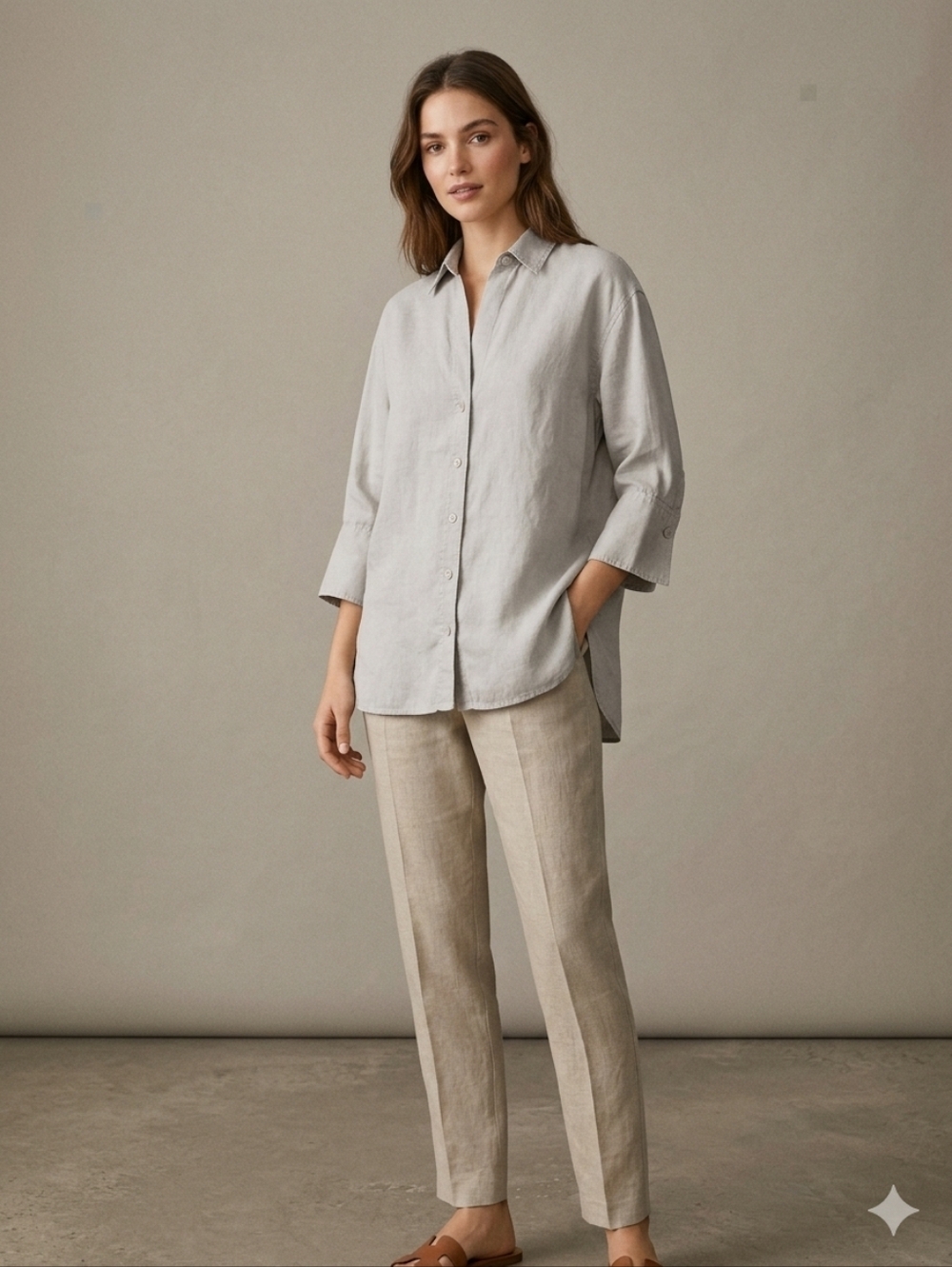 Zara Linen Shirt 3/4 Sleeve Relaxed Fit Neutral Light Gray Color
